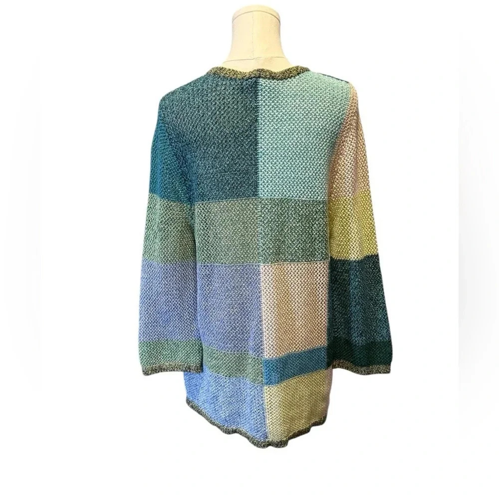 Patchwork Cottagecore Open Knit Blue Green Button Cardigan Sweater Womens Large - Picture 7 of 13